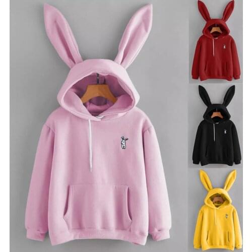 2021 Autumn Winter Women Hoodies Kawaii Rabbit Ears Fashion Hoody Casual Solid Color Sweatshirt Hoodies For Women Dropshipping