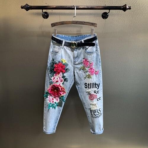 Womens Denim Pants Embroidery Casual Ankle-Length Boyfriend Jeans Ripped Slim Fit New Fashion Summer 2021
