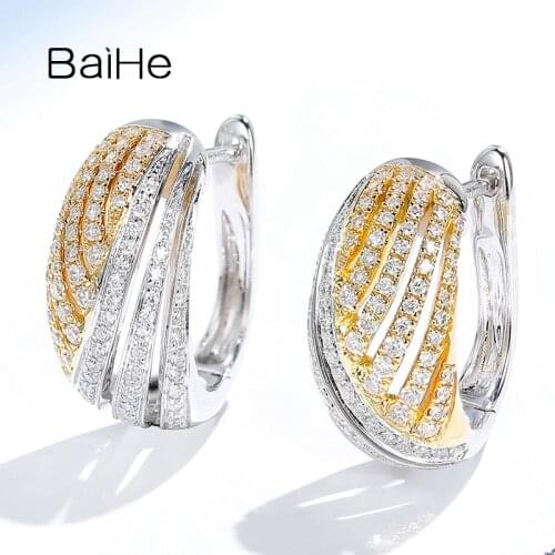 BAIHE Genuine Solid 14K White+Yellow Gold 0.45ct Natural Diamonds Earrings Women Cерьги Gift Wedding Earrings Fine jewelry