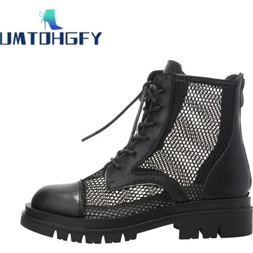 2021 Hollow Out Mesh Summer Ankle Boot Punk Women Genuel Leather Breathable Spring Marten Zip Lace Up Casual Shoes Short Booties