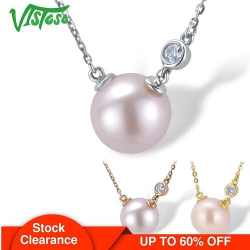 VISTOSO Gold Necklace For Women Genuine 14K 585 Rose/White/Yellow Gold Fresh Water White Pearl Diamond Necklace Fine Jewelry
