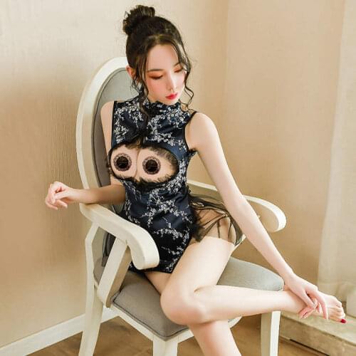 2021 Sexy Lingerie Lace Fungus Retro Cheongsam Stand Collar Hollow Cheongsam Retro Butterfly Button Puffy Net Gauze Skirt Suit