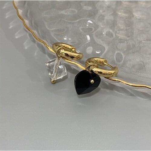 Net Red The Same Black Heart Square Glass Asymmetric Earrings Irregular Ins Cold Style Jewelry Accessories