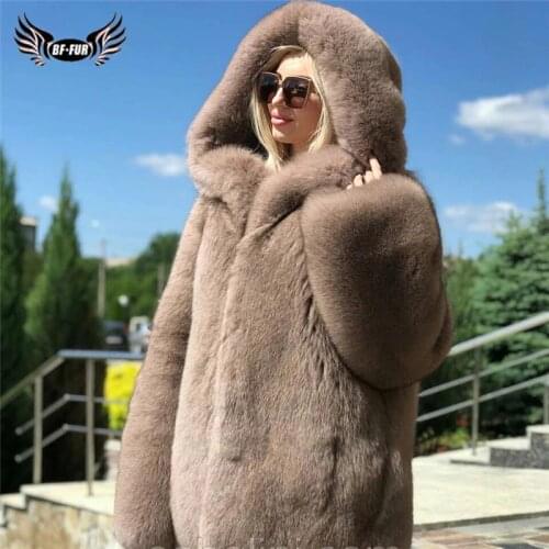 BFFUR Medium Length Fox Fur Coats Natural Women Winter Fashion Whole Skin Genuine Fox Fur Jackets Luxury Woman Overcoats Real