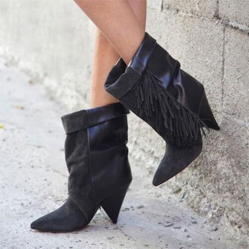 2020 New Fashion Tassels Women Ankle Boots Suede Pointed Toe Fringed Short Boots Spike High Heels Female Wedge Shoes