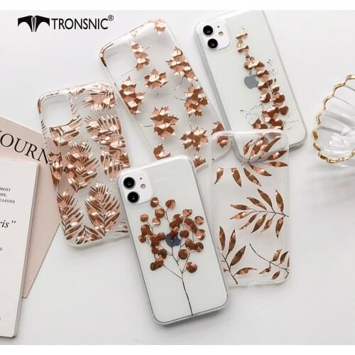 Electroplated Leaf Flowers Phone Case for iPhone 12 11 Pro Max XR Xs MAX Soft Luxury Glossy Gold Case for iPhone 7 8 Plus Covers