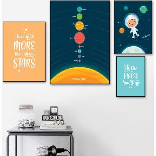 Cartoon Space Theme Nursery Child Cute Astronaut Quote Posters and Prints Wall Art Painting Pictures Nordic Kid Boy Room Decor