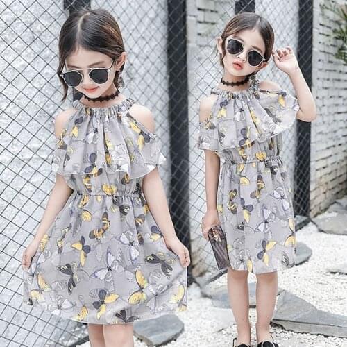 Kids Teen Chic Sundress Children Girls Butterfly Print Ruffle Off Shoulder High Waist Tulle Princess Dresses Holiday Beach Dress