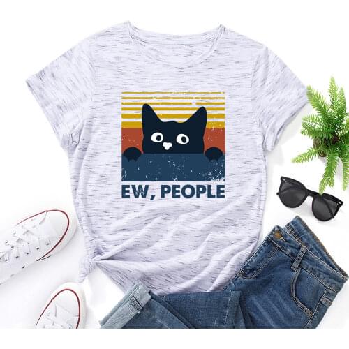 Ew People Funny Cat Tee Summer Cotton T-shirt Tops Women Short Sleeve Graphic Tee Top Shirts Female Clothes Sarcasm Introvert