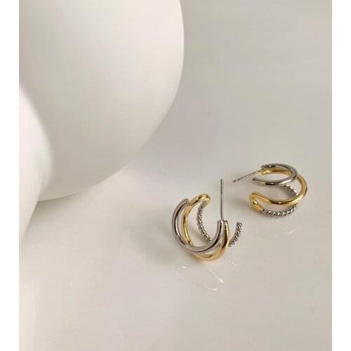 Koreas Dongdaemun high-grade multi-layer metal earring earrings are cool and delicate in wind contrast color Three-wire hoop