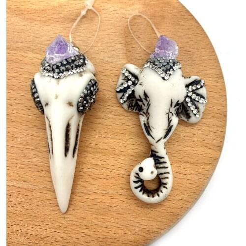 1Pc Fashion Pendant Natural Stone Amethyst Acrylic Crystal Material Elephant bird Shape DIY for Making Necklace 40x61mm 26x69mm