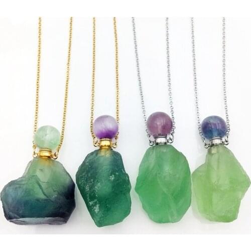Natural Rough Green Fluorite Stones Perfume Bottle Pendant Necklace Essential Oil Bottle,freeform shape vials for girls gift