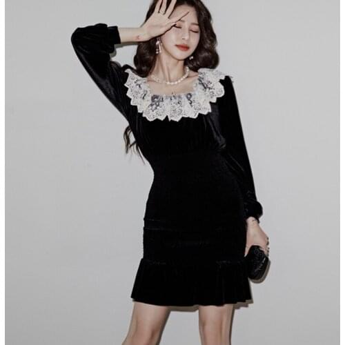 New arrival fashion women spring autumn vintage slim black dress lace stitching temperament ladies off shoulder mermaid dress