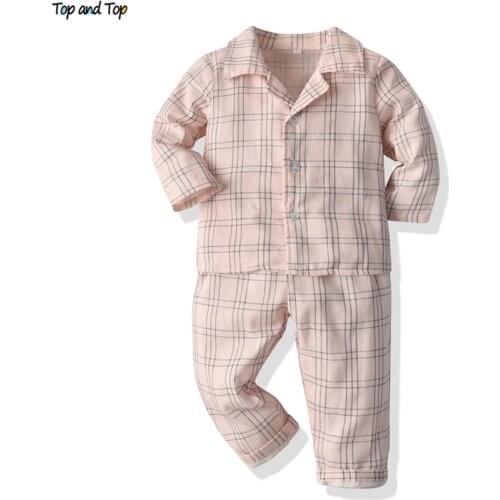 Top and Top Autumn Winter Children Kids Pyjamas Sets Long Sleeve Tops+Pant Plaid Sleepwear Nightwear Boys Girls Pajama Sets