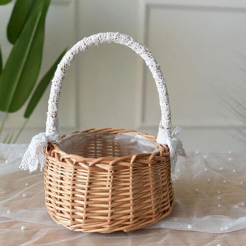 Practical Flower Basket Multi-purpose Wear-resistant Lace Design Ornamental with Handle Picnic Foods Storage Basket for Hiking