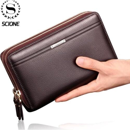 Scione Luxury Mens PU Wallet Classic Double Zipper Men Clutch Bags long Credit Card Holders Coin Purses Business Purse Male