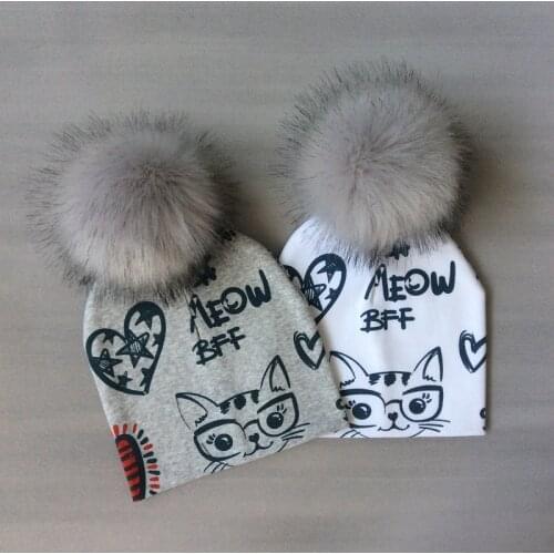 Kids Girls Hats Cat Printing Cotton Pompom Hat For Girls Winter Children Caps Faux Fur Baby Hat Bonnet