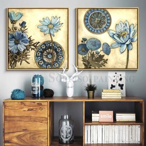 Blue Lotus Flower Canvas Painting Prints For Living Room Wall Art Bedroom Pictures Home Dining Decor Hallway Corridor Posters