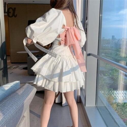 Luck A Kawaii Sexy Party Mini Dresses Women Backless Bandage Korean Sweet Dress Puff Sleeve Patchwork Beach Summer Sundress 2021