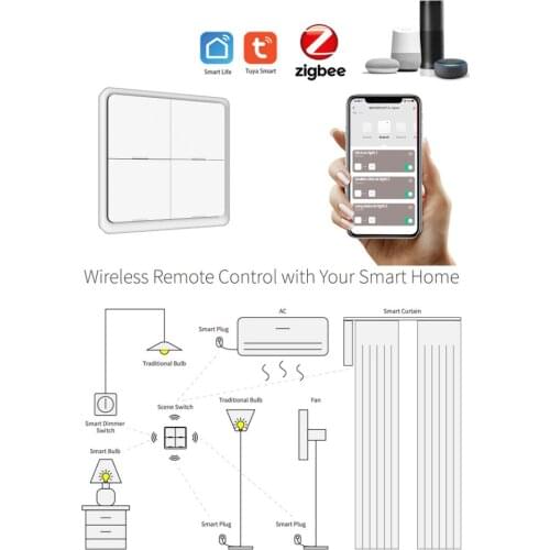Tuya ZigBee Smart Switch 4 Gang Wireless 12 Scene Switch Push Button Controller Automation Switch Work With Alexa Google Home