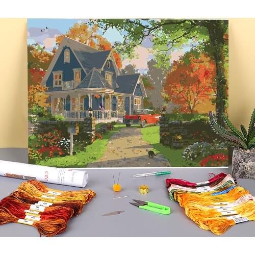 Nature Landscape Printed Water-Soluble Canvas 11CT Cross-Stitch Embroidery Set DMC Threads Handiwork Handmade Adults