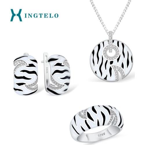 XINGTELO Classic Black and White Sterling Silver Jewelry Set 925 Silver Earrings Ring Pendant Chain Wedding Accessory for Women