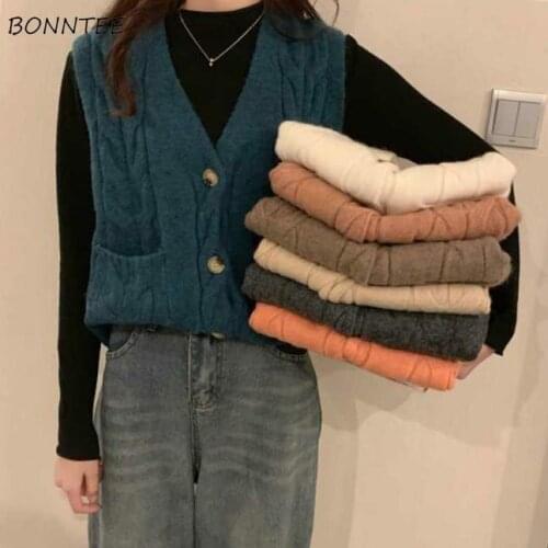 Sweater Vest Women All Match V-Neck Pockets Elegant Female Soft Loose College Single Breasted Soild Basic Ulzzang Fall Leisure