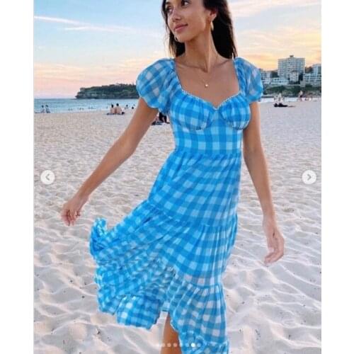 Women Blue/Yellow Plaid Ruffles Hem Maxi Dress Short Puff Sleeve Backless Lace-up Long Dress Summer Casual Bodycon Dresses
