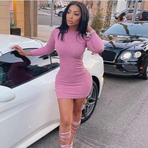 Woman Casual Ribbed Mini Dress Bodycon O Neck Female Solid Ladies Party Outfits Pencil Dress Long Sleeve Dresses 2021 Autumn