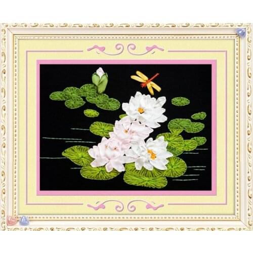 Lotus Flowers bottle Ribbon embroidery painting sets handcraft embroidery circle DIY handmade needlework wall art decor gift