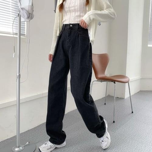 Vintage Wide Legs Straight Jeans Women Black High Waist Oversized Denim Pants 2021 Spring New Casual Long Trousers Korean Style