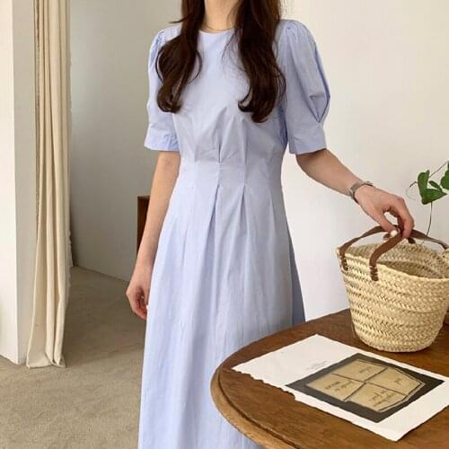 Solid Elegant Summer Dress Women O-Neck Short Sleeve Casual Cotton Long Midi Dress High Waist A-Line Party Dress Office Z512
