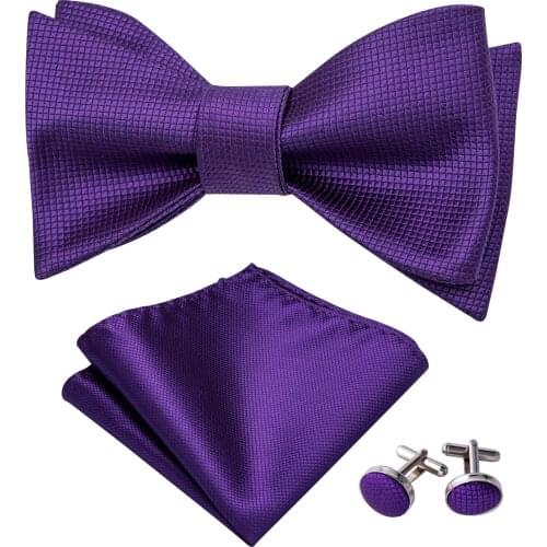 Purple Solid Self-Bow tie for Men Silk Butterfly Hanky Cufflinks Set Party Wedding Gift High Quality Man Bowtie Barry.Wang