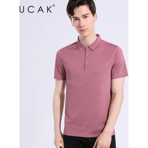 UCAK Brand Classic Turn-down Collar Short Sleeve Silk T Shirt Summer New Tops Streetwear Casual Striped T-Shirt Male Homme U5639