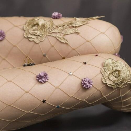 Hot Sexy Women Lady Rhinestone Mesh Stockings Golden Flowers Chic Fishnet Pantyhose Tights Large-mesh Glitter Female Plaid Mujer