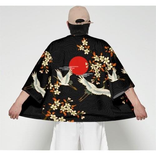 Crane Print Kimono Man Japanese Clothes Yukata Male Samurai Costume Haori Obi Beach Mens Kimono Cardigan Streetwear Jacket