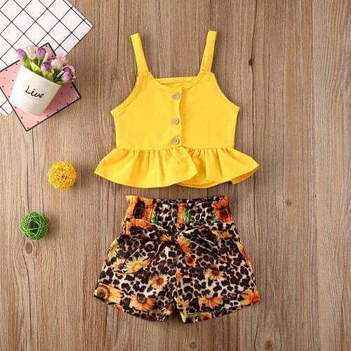 2020 Summer Baby Kid Girl Clothes Crop Top+Sunflower Leopard Shorts 2pcs Fashion Girls Sleeveless Outfits Clothes Set