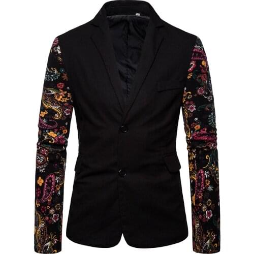 Fashion Men Tuxedos Printed Sleeve Patchwork Black Suits Wedding Groomsmen Party Prom Club New Spring Blazer Coat 1 Piece