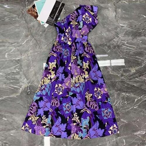 Long Party Summer 2021 Runway Fashion One Shoulder Flare Blue Purple Flower Print Elegant Holiday Dress
