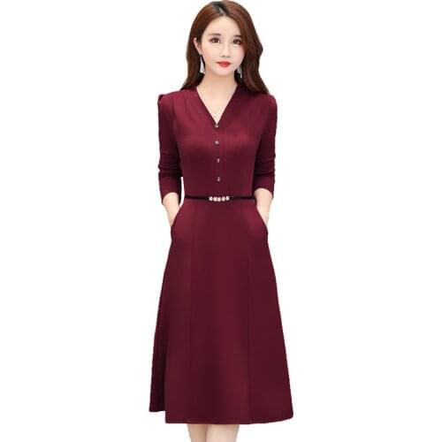 Autumn Winter Long-sleeved Dress Women Vintage V-neck Slim Office Ladies Elegant Long Dresses Plus Size 5XL Femme Midi Dress 265