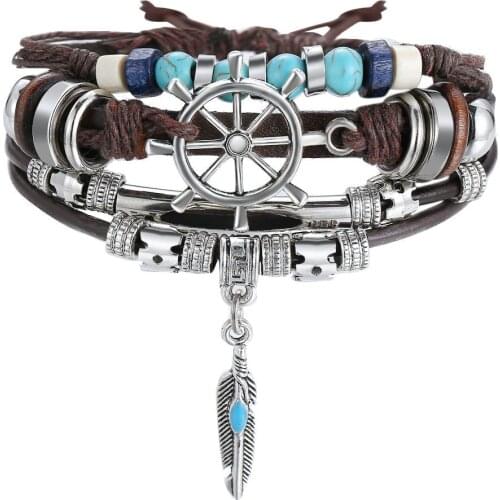 Boho Feather Multilayer Leather Bracelet -Rudder Charms Turquoises Beads Bracelets for Men- Punk Wrap Wristband Bracelet (Leaf)