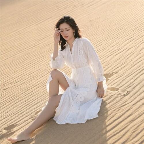 DUISNENA boho dress v-neck white solid color court style women dresses floral embroidery hollow out chiffon robe mujer vestidos