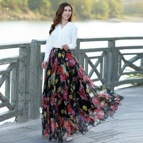 2020 New arrival summer chiffon vintage floral print Floor Length bohemia maxi skirt Holiday beach skirt Plus Size Long Skirts
