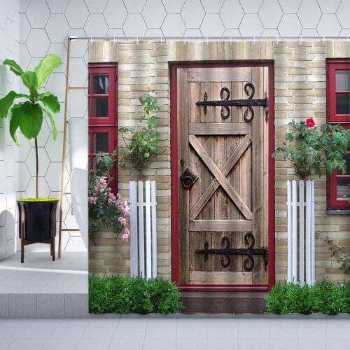 Vintage Town Street Wooden Door Window Shower Curtain Flower Plant Scenery Wall Cloth Bathroom Curtains Set Bathtub Screen Decor