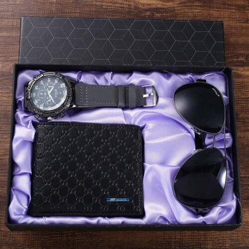 XSVO Mens Fashion Trend Sports Wrist Luxury Quartz Watches Personality Boutique Set Belt Quartz Watch + Glasses + Wallet