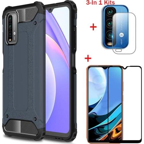 Redmi 9 Power Tempered Glass + Shockproof Case For Mi 10i Redmi Note 9T Double Layer Full Protector Cover+Soft Camera Lens Film