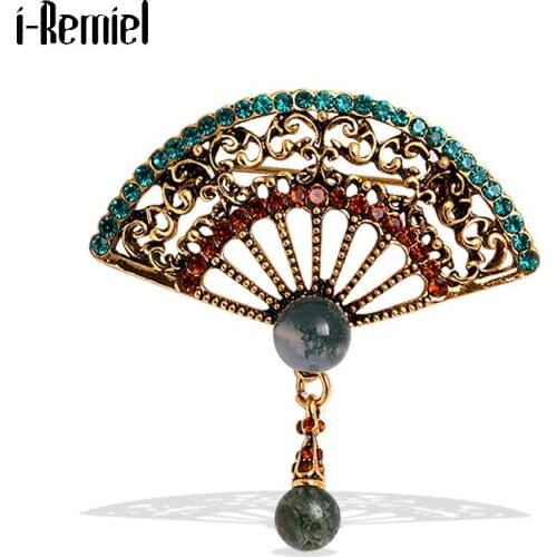 Retro Fashion Fan Brooch Pin Chinese Style Jewelry Rhinestone Pearl Pendant Cheongsam Coat Corsage Collar Pins Women Accessories