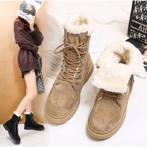 ZEEKSON Mid-tube Snow Boots Womens Warm Cotton Shoes England Lace-up Thick-soled Martin Boots Womens Winter Plus Cashmere Shoe