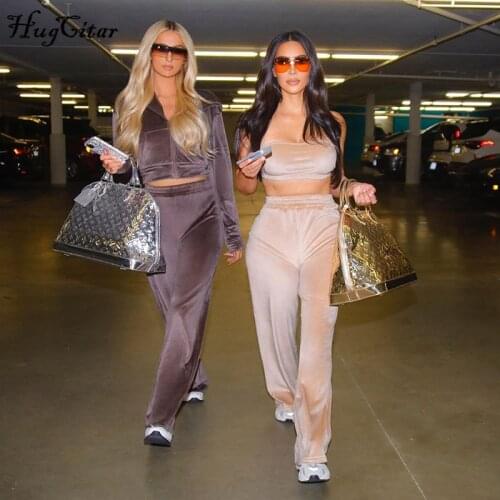 Hugcitar 2020 Velvet Long Sleeve Zip Up Hoodie Jacket Crop Top Pants 3 Pieces Set Autumn Winter Women Streetwear Tracksuit