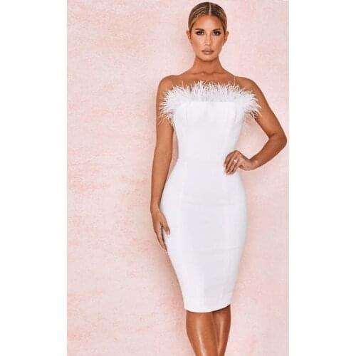 HQBORY 2019 New Autumn Women White Feathers Bandage Dress Vestidos Sexy Sleeveless Strapless Bodycon Club Celebrity Party Dress
